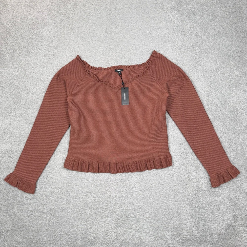 Express Womens Ribbed Ruffle Sweetheart Neck Sweater Terracotta Brown Large NEW